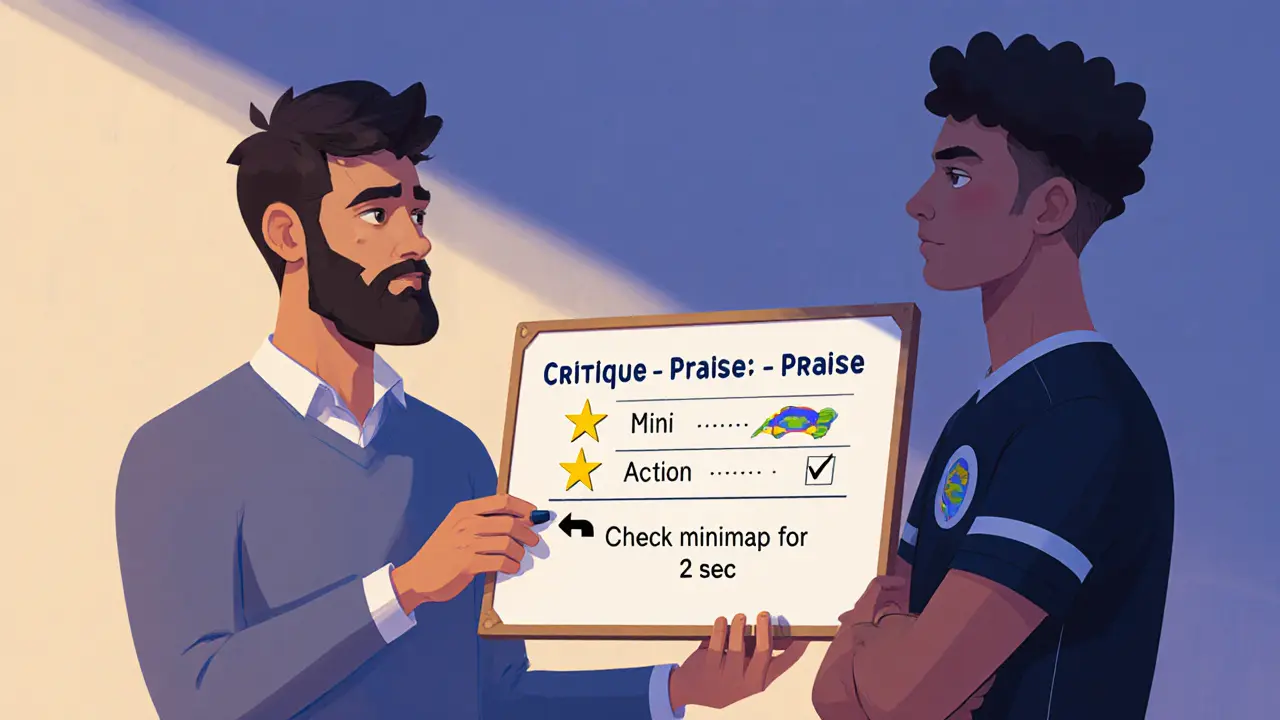 Тренер и игрок обсуждают фидбэк за столом с доской, разделённой на три части: критика, похвала, действие.