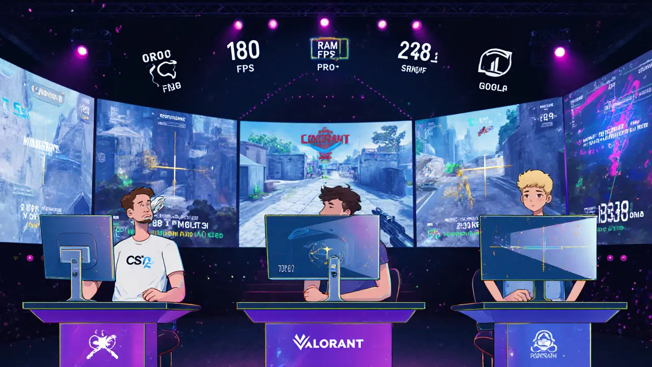 Три киберспортсмена на турнире с разными уровнями производительности ПК и статистикой на экранах.