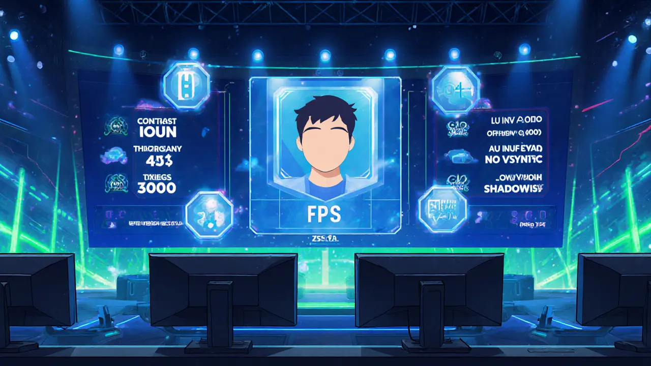 Турнир по CS2: игроки с высоким FPS на мониторах, вокруг — символы оптимизированных настроек и цифры выше 300 FPS.
