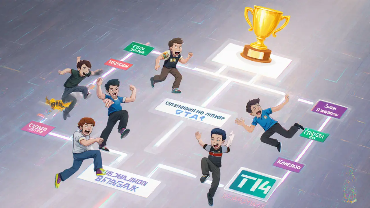 Турнирная таблица, где команды из малых городов поднимаются к международному турниру.