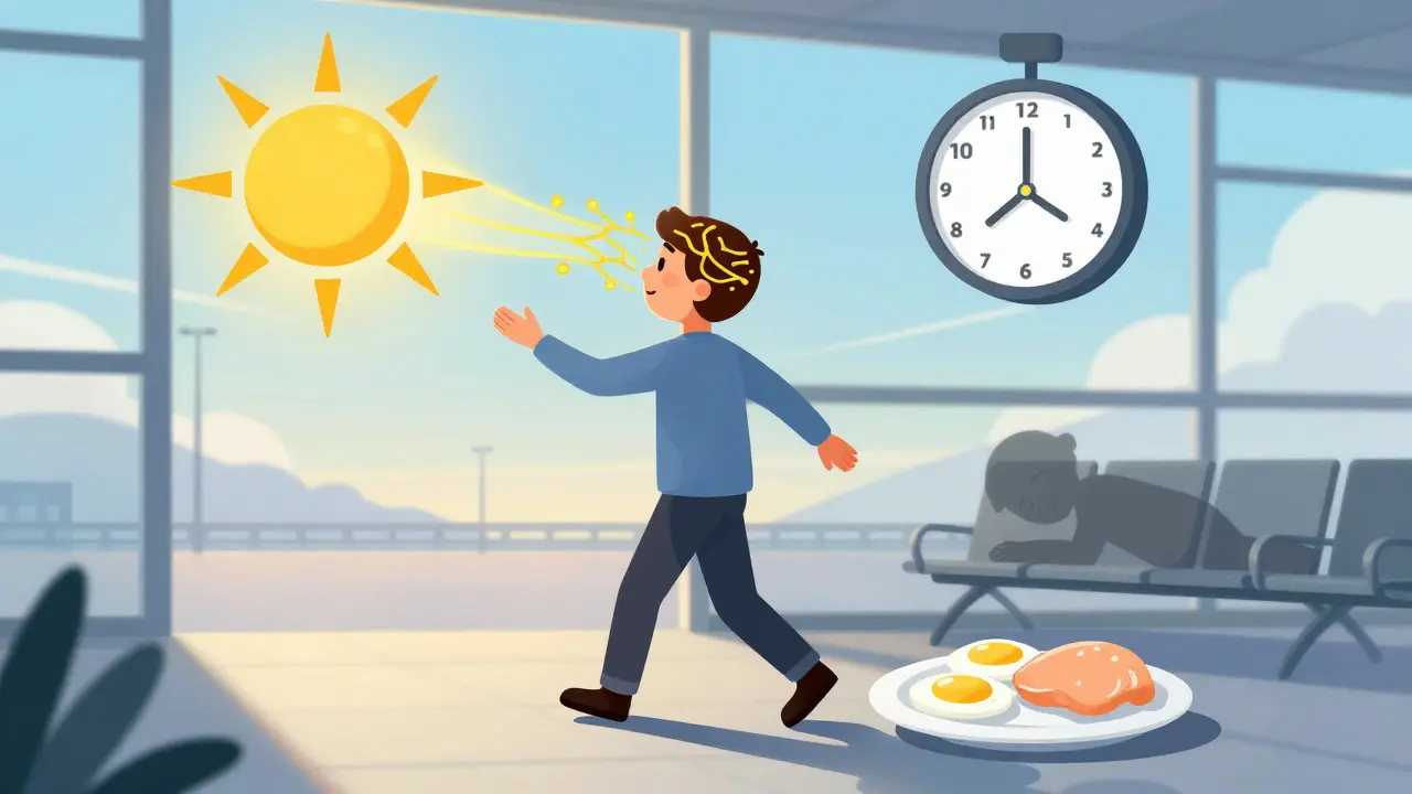 Человек на солнце после прилёта, ест белковый завтрак, бодрость возвращается.