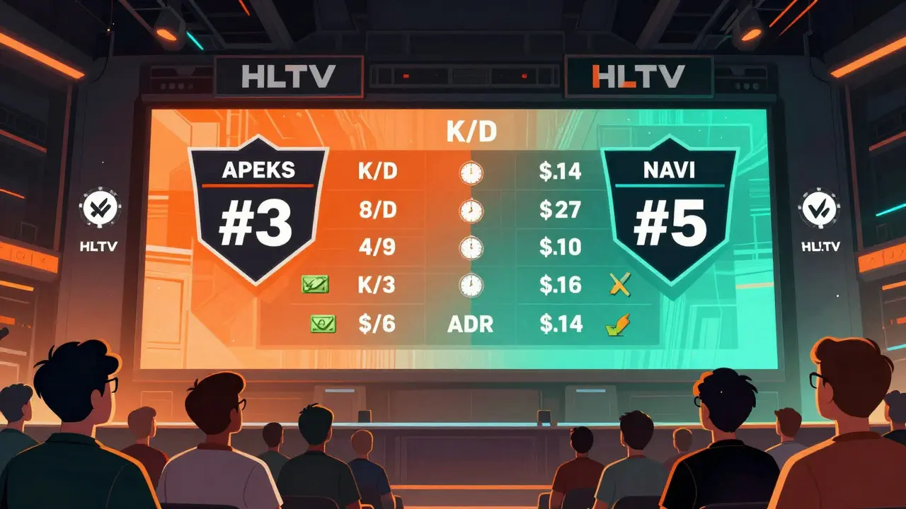 Цифровой табло с конфликтующими рейтингами HLTV и Valve для одной команды, окруженное метриками и часами убыли.