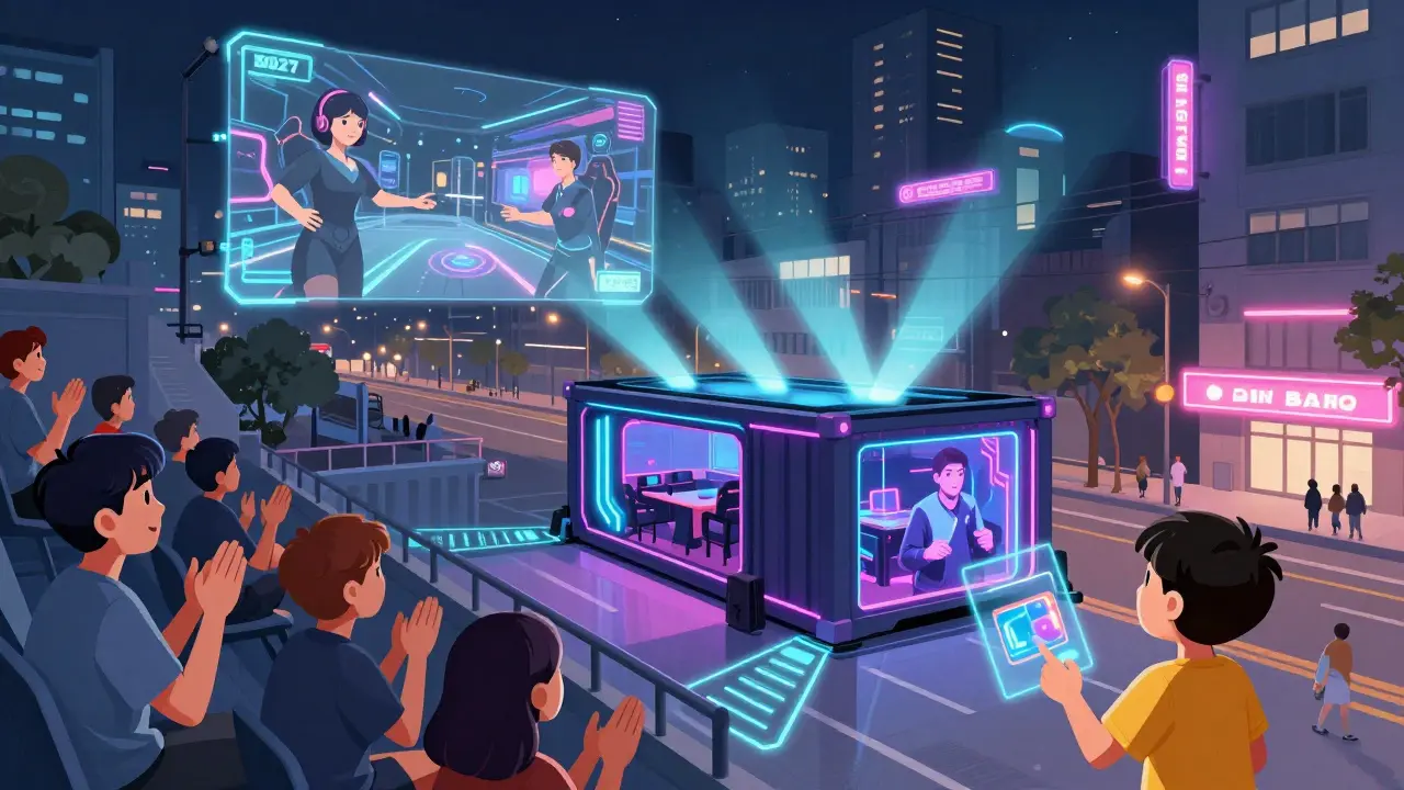 Гибридная арена будущего: физические зрители и виртуальные аватары вместе, ИИ управляет светом и потоком людей, современный городской пейзаж.