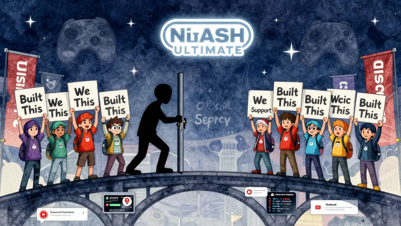 Группа фанатов стоит перед закрытой дверью Nintendo, держа знамена турниров и Discord-серверов — символ сопротивления без официальной поддержки.