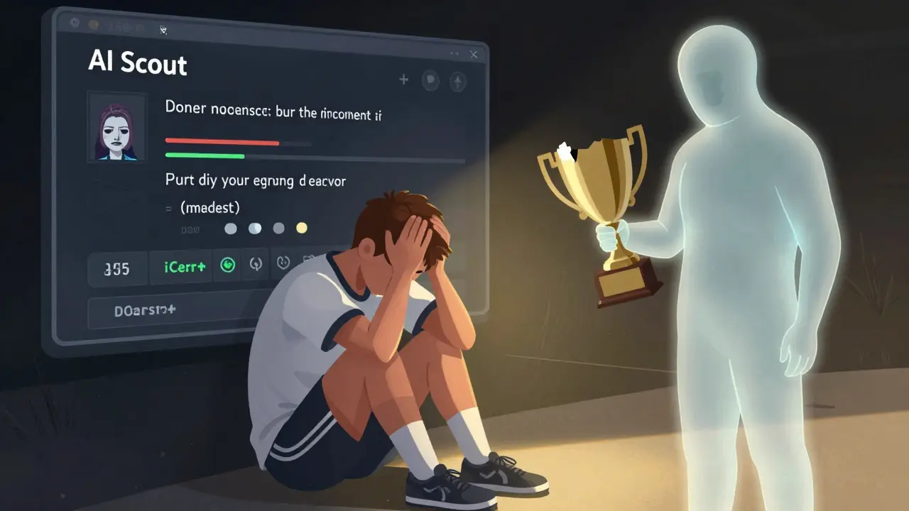 Игрок размышляет после поражения, над ним — призрак прошлого и AI-анализ ошибки, символизирующий рост.