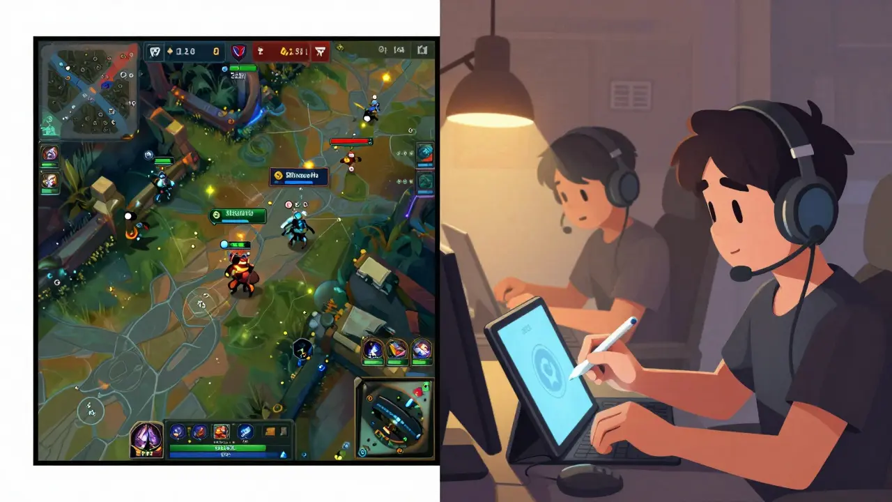 Команда анализирует статистику Dota 2 матча с помощью автоматизированного отчёта на планшете.