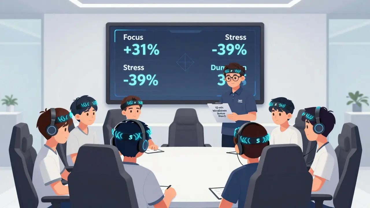 Команда киберспортсменов с нейро-гарнитурами, тренер проверяет график осознанности перед турниром.