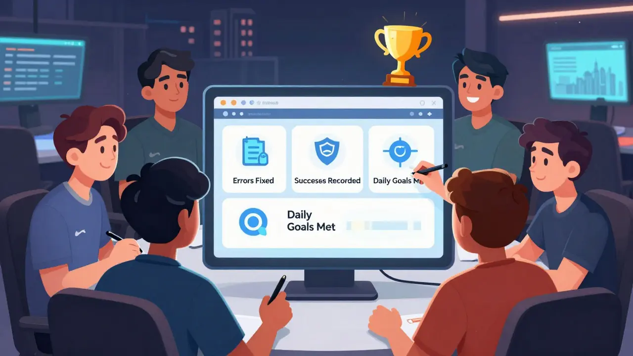 Команда смотрит на панель прогресса, отмечая исправленные ошибки и цели.