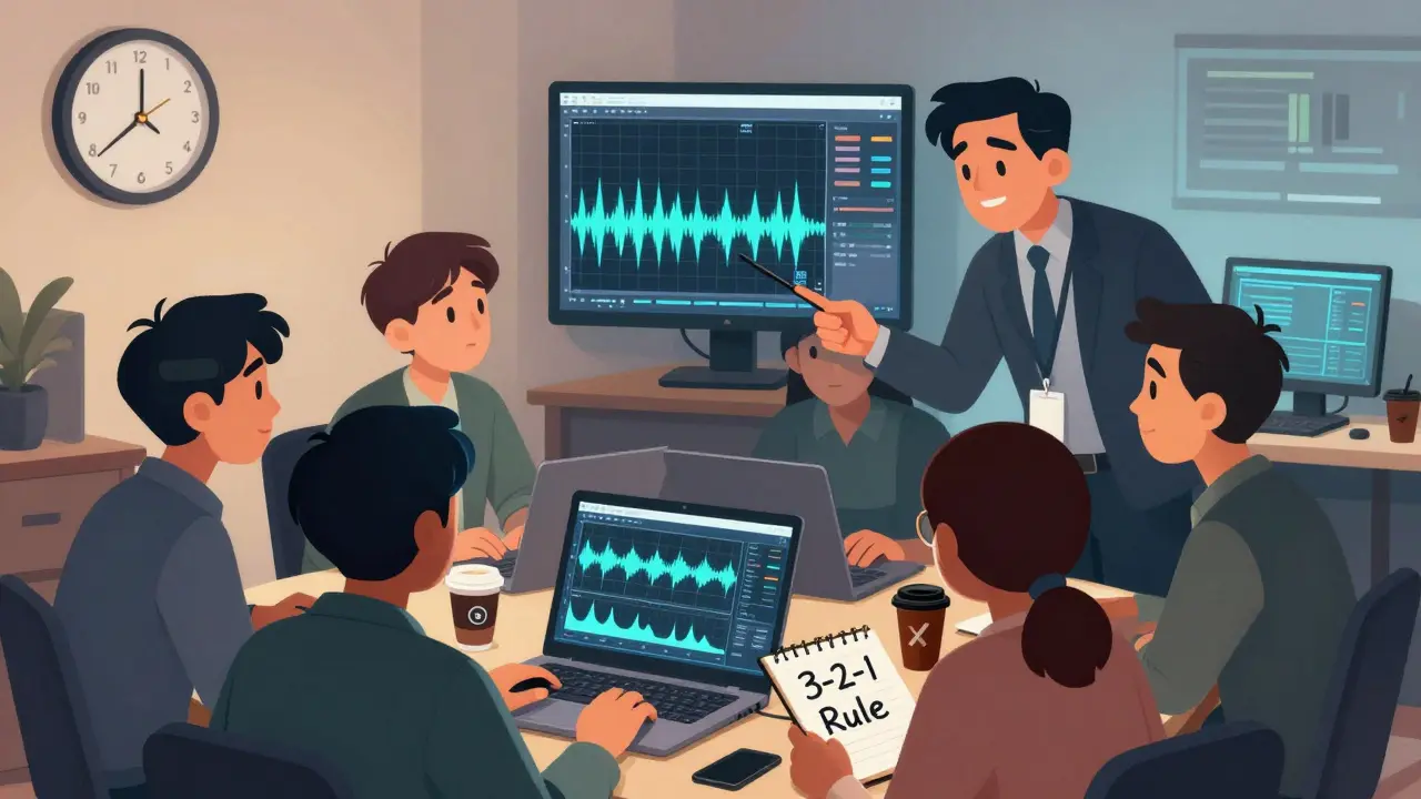 Команда в буткемпе анализирует голосовые данные на экране, тренер объясняет правило 3-2-1, все сосредоточены.