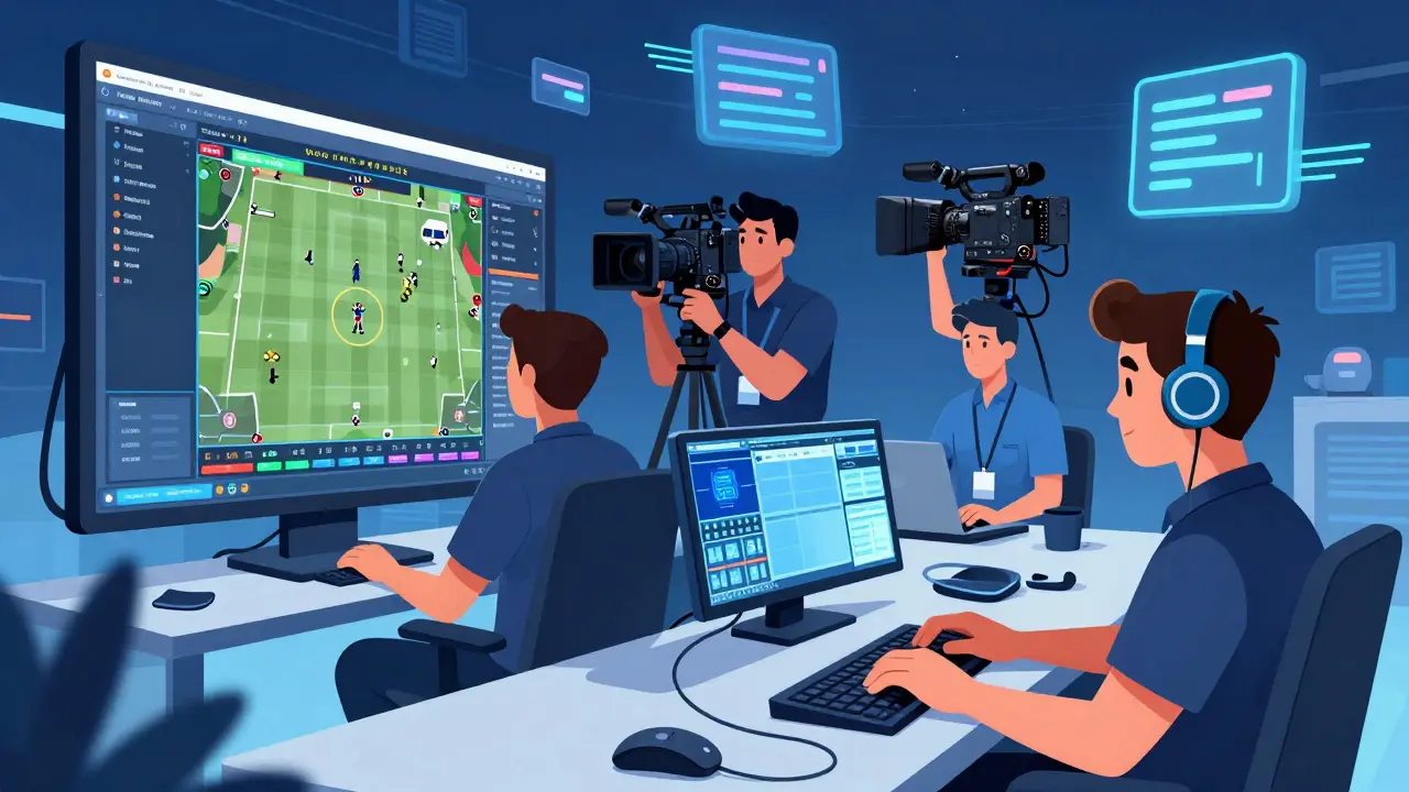 Команда за кадром: оператор, аналитик и продюсер работают в контрольной комнате турнира.