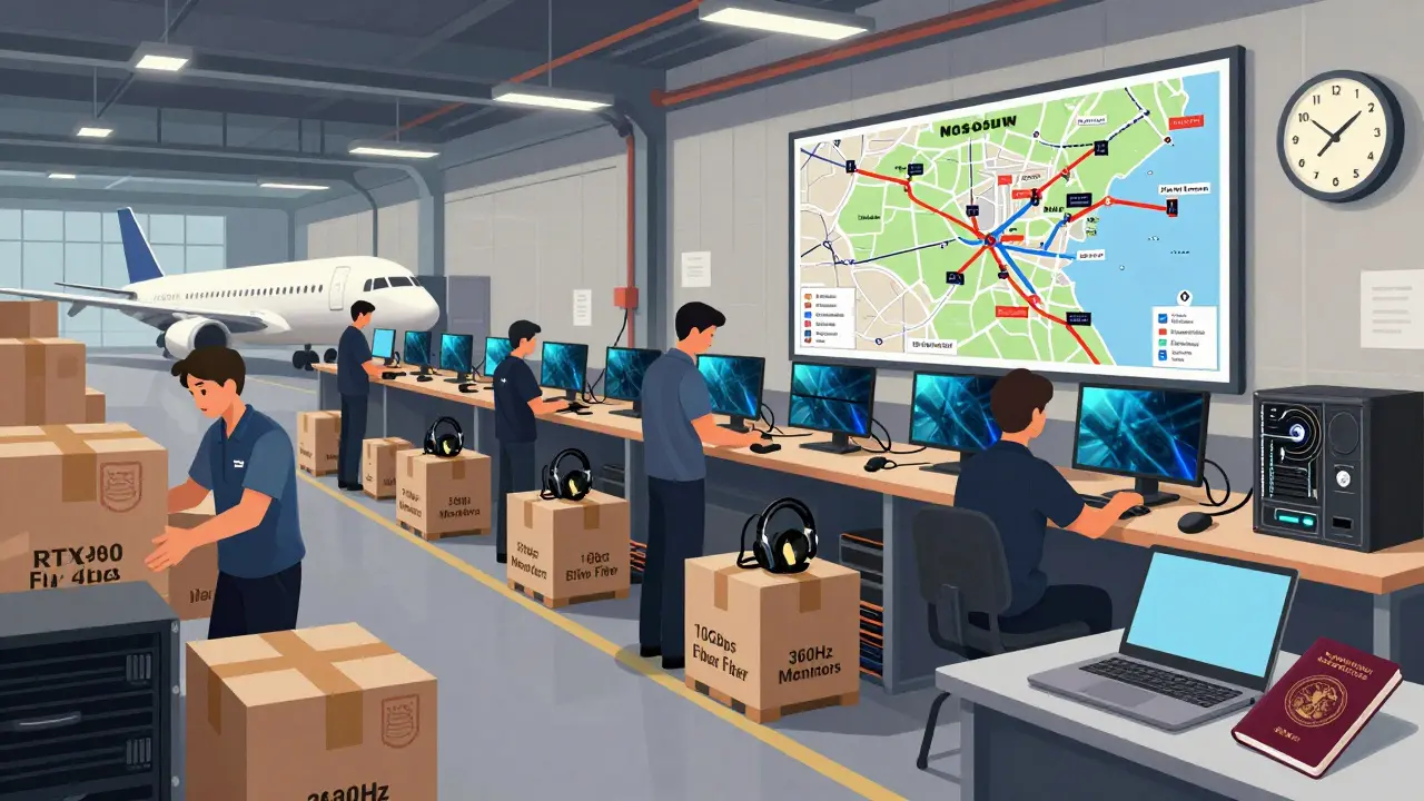 Логистика турнира: рабочие грузят технику, карты маршрутов и серверы в складском помещении, всё в деталях без текста.