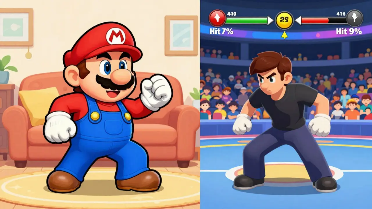 Новичок учится играть с Марио дома, в то время как профессионал сражается на крупном турнире — контраст между свободной игрой и профессионализмом.
