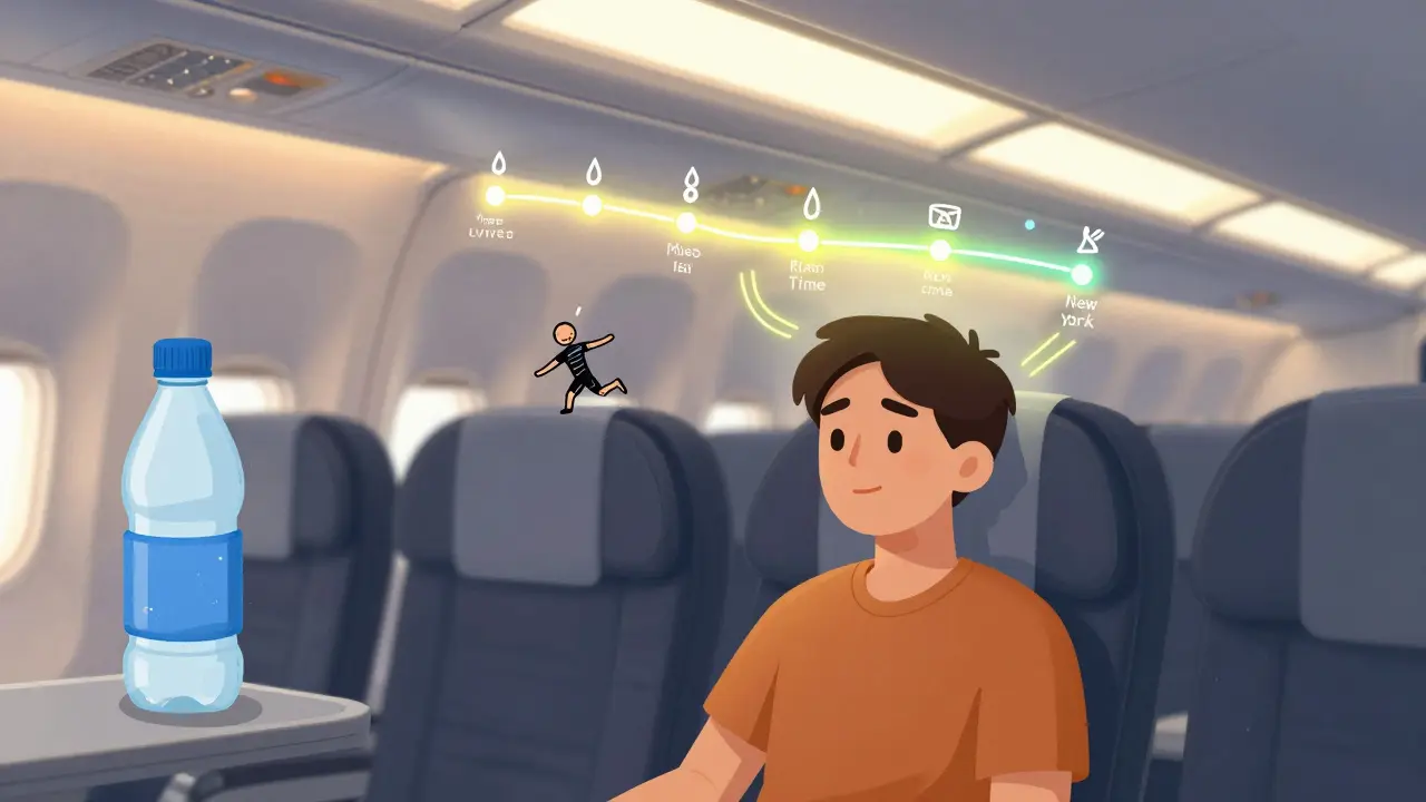 Пассажир в самолёте с графиком сна и бодрствования, пьёт воду и двигается.