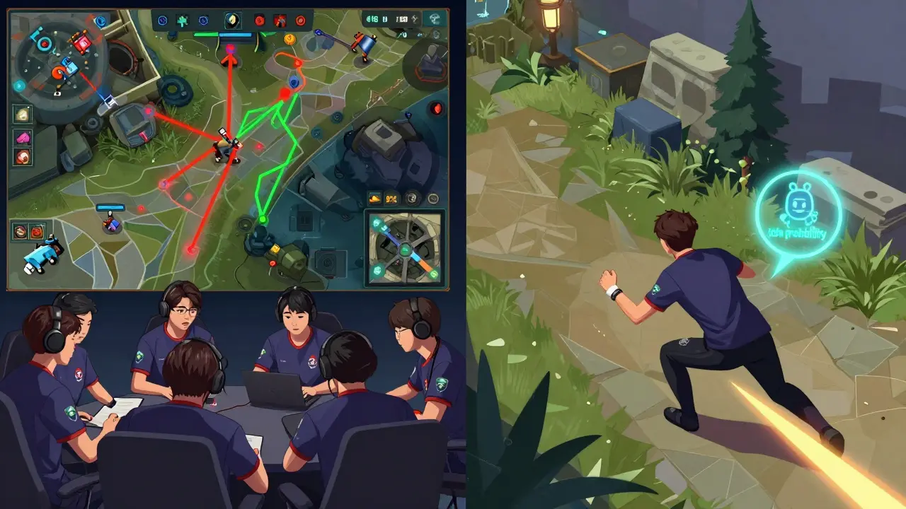 Профессионал изучает тактическую карту с трассами движения команды и противника.