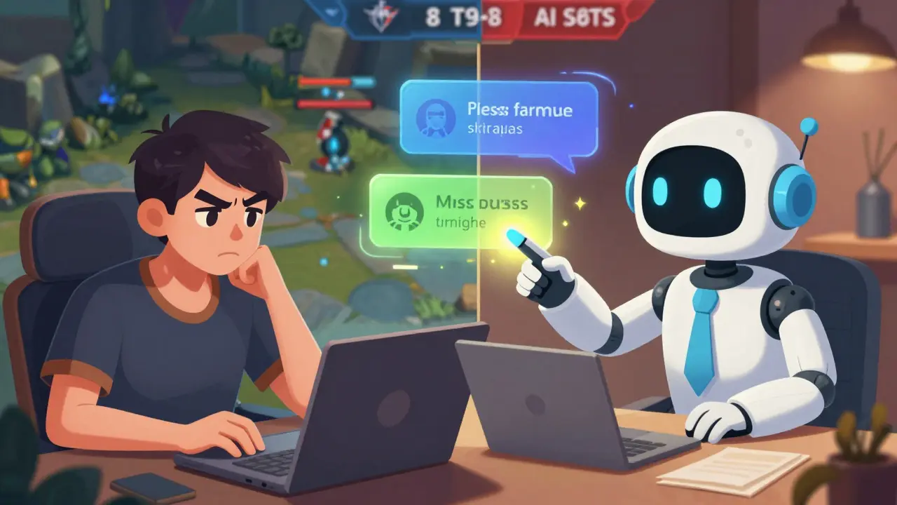 Робот-тренер ИИ указывает на ошибки игрока в Dota 2: пропущенный фарм и чрезмерный чат.