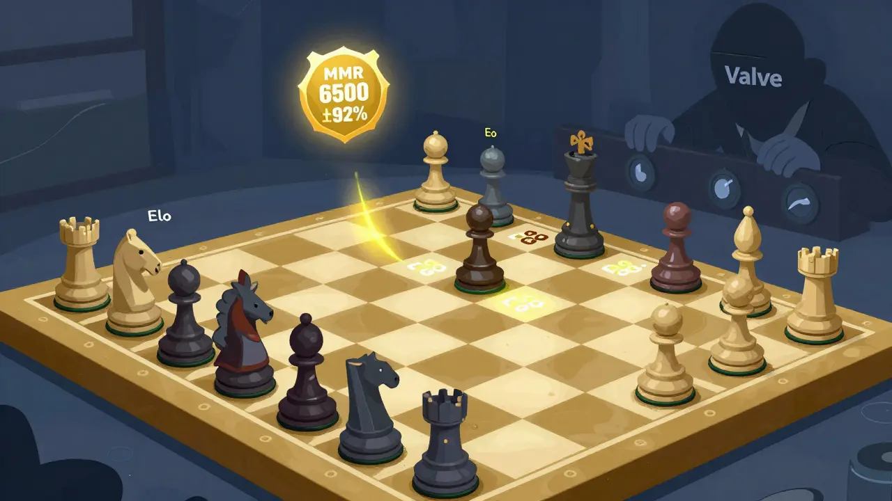 Шахматная доска, превращённая в карту CS2, с игроками вместо фигур и плавающими метриками Elo и Glicko.