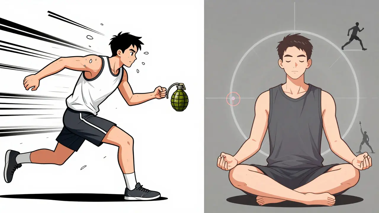 Сравнение игрока в бою и его визуализации тактики во время медитации, символизирующее тренировку мозга.