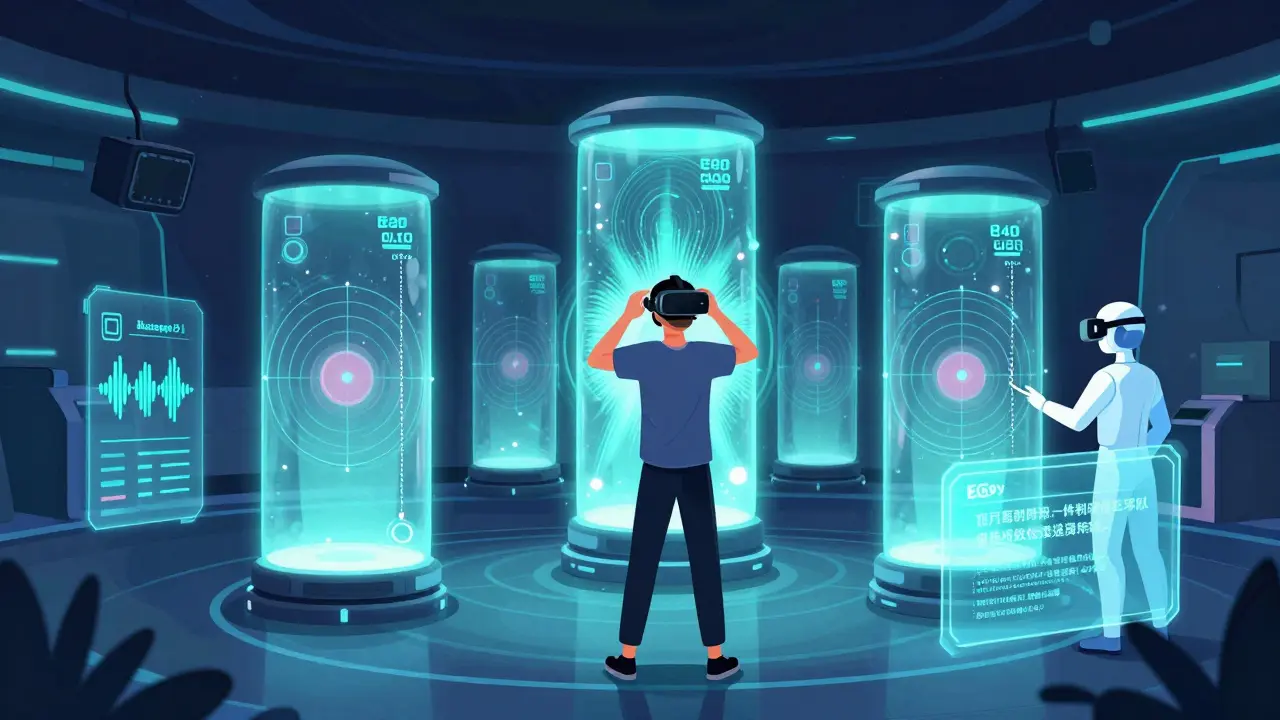 ВР-тренажер с мигающими световыми модулями и голографическими показателями реакции и периферийного зрения.