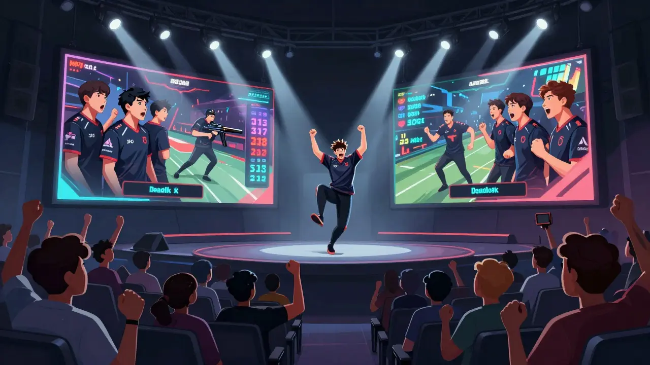 Зрители в арене смотрят на трансляцию матча Deadlock с напряжёнными выражениями лиц.