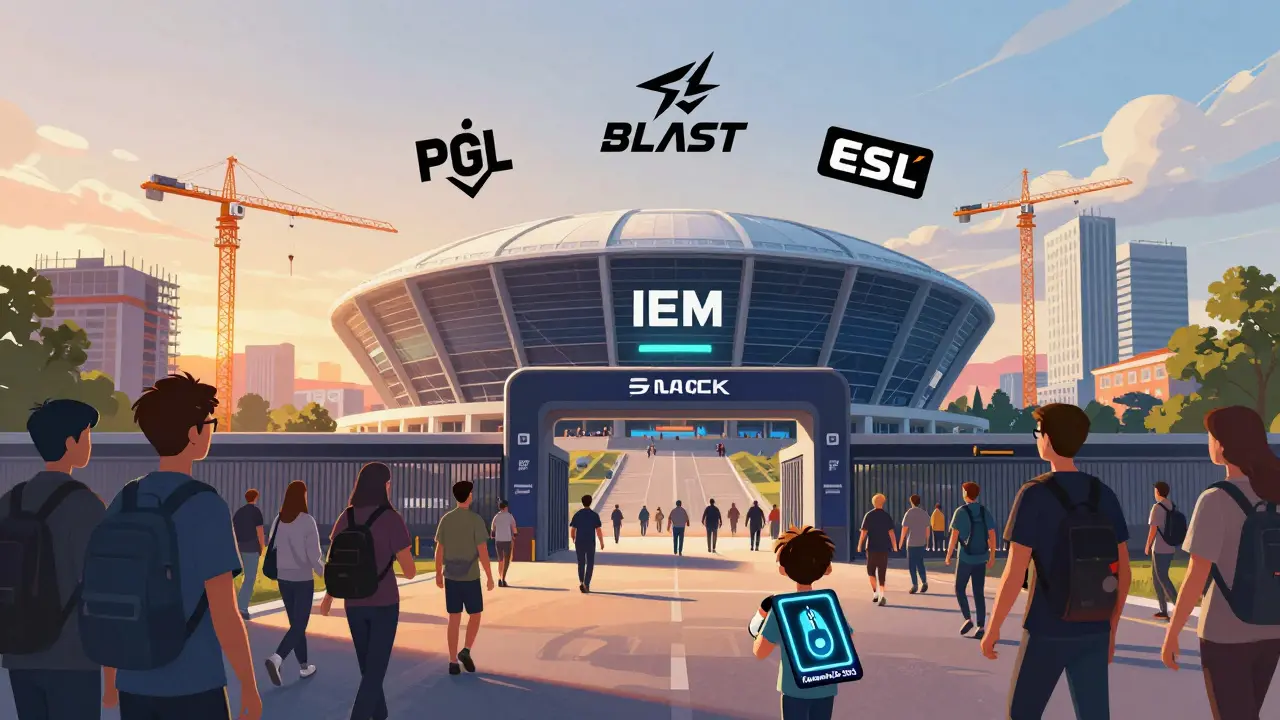 Арена Сподек превращается в центр киберспорта с логотипами разных турниров, вокруг строятся отели и транспортные магистрали.