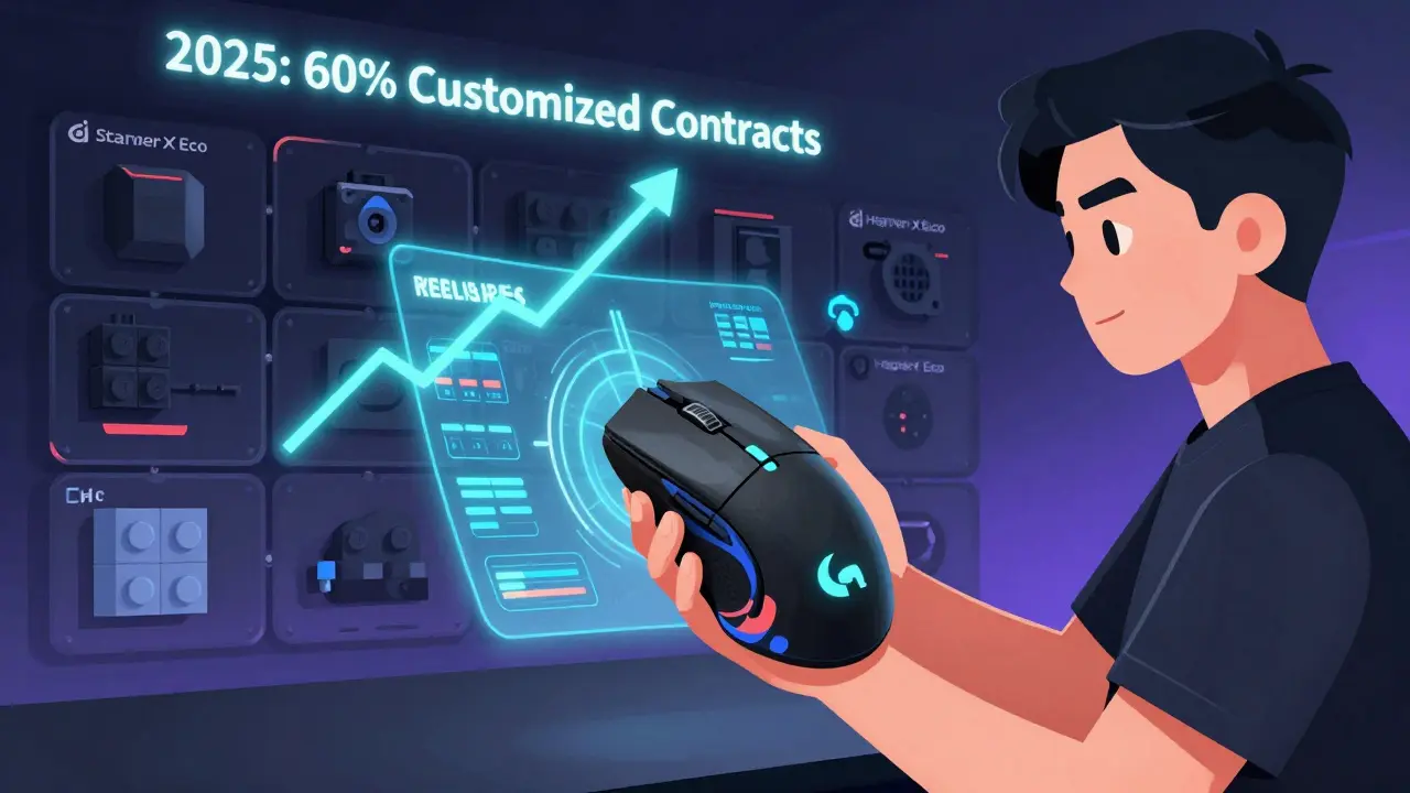 Будущее киберспорта: персонализированное оборудование с индикаторами нагрузки и модульными деталями.