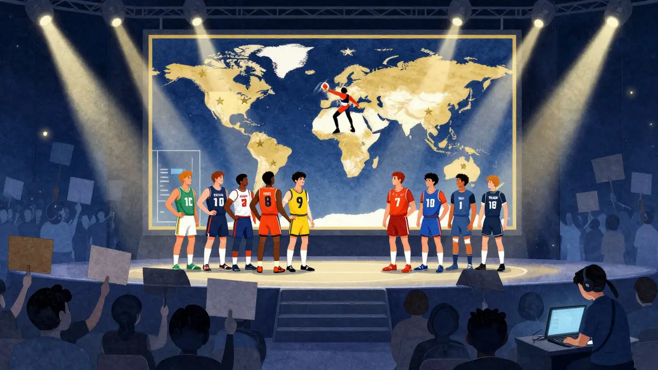 Финал чемпионата мира по OSU! — восемь команд на сцене, на экране — сложная карта, зрители в тени, без рекламы и спонсоров.