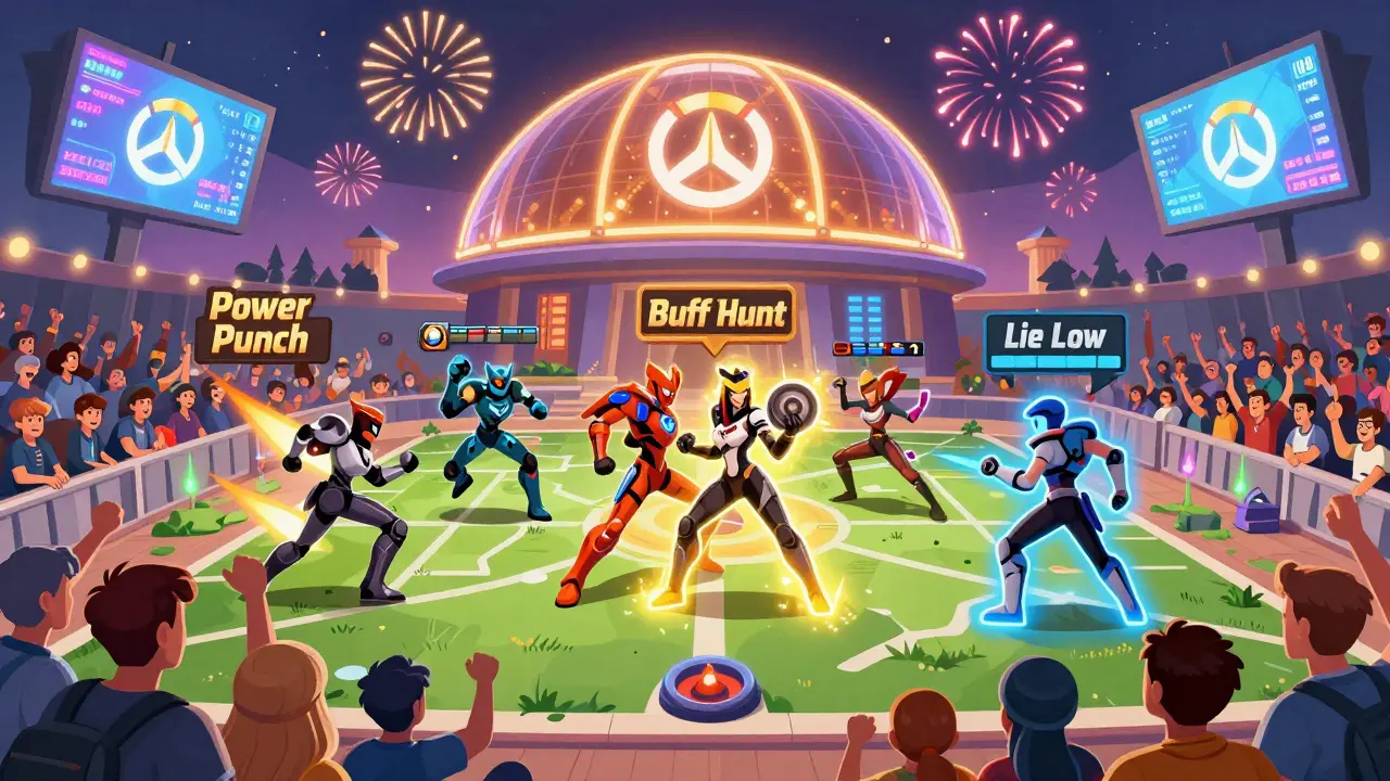 Финал OWCS 2026 в Казани: команды сражаются под модификаторами, зрители в восторге, огни и логотипы в небе.