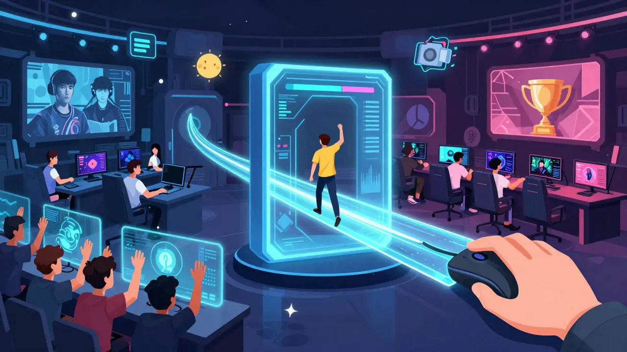 Гибридный мост между онлайн и LAN-турниром, игроки из разных стран встречаются на сцене.