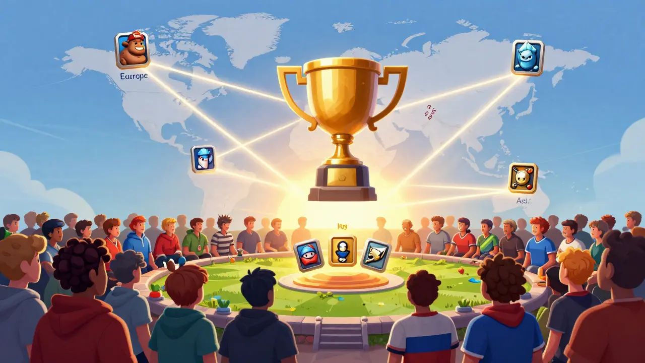 Глобальная карта Clash Royale с региональными лигами, сходящимися в финале, где над трофеем кружатся ключевые карты игры.