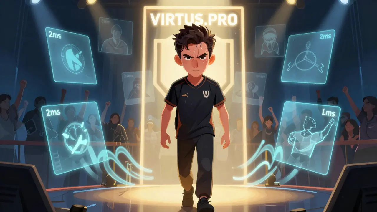 Игрок на сцене в Сподек, вокруг него — визуализация задержки 2 мс и призрачные образы фанатов прошлых лет.