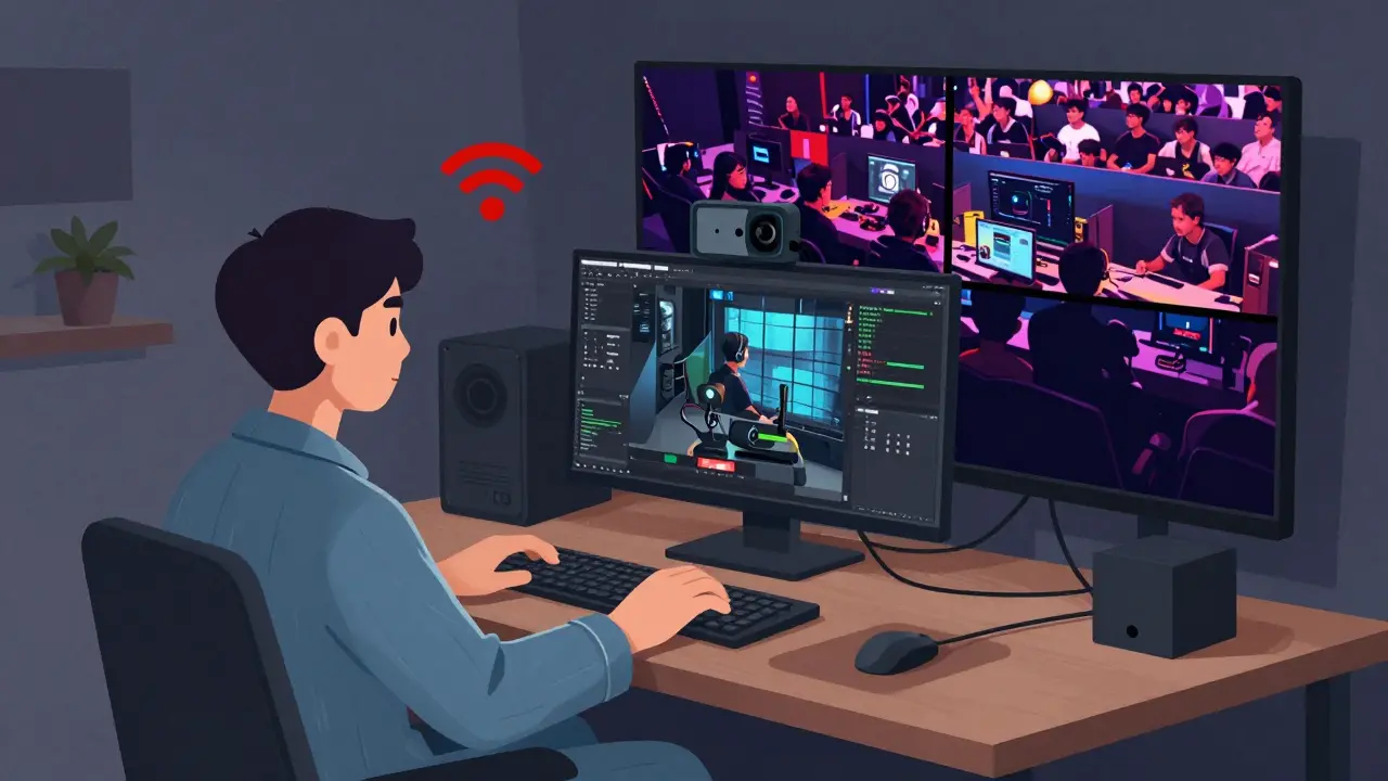 Игрок в пижаме дома с плохим интернетом рядом с профессиональным турниром в ярких цветах.