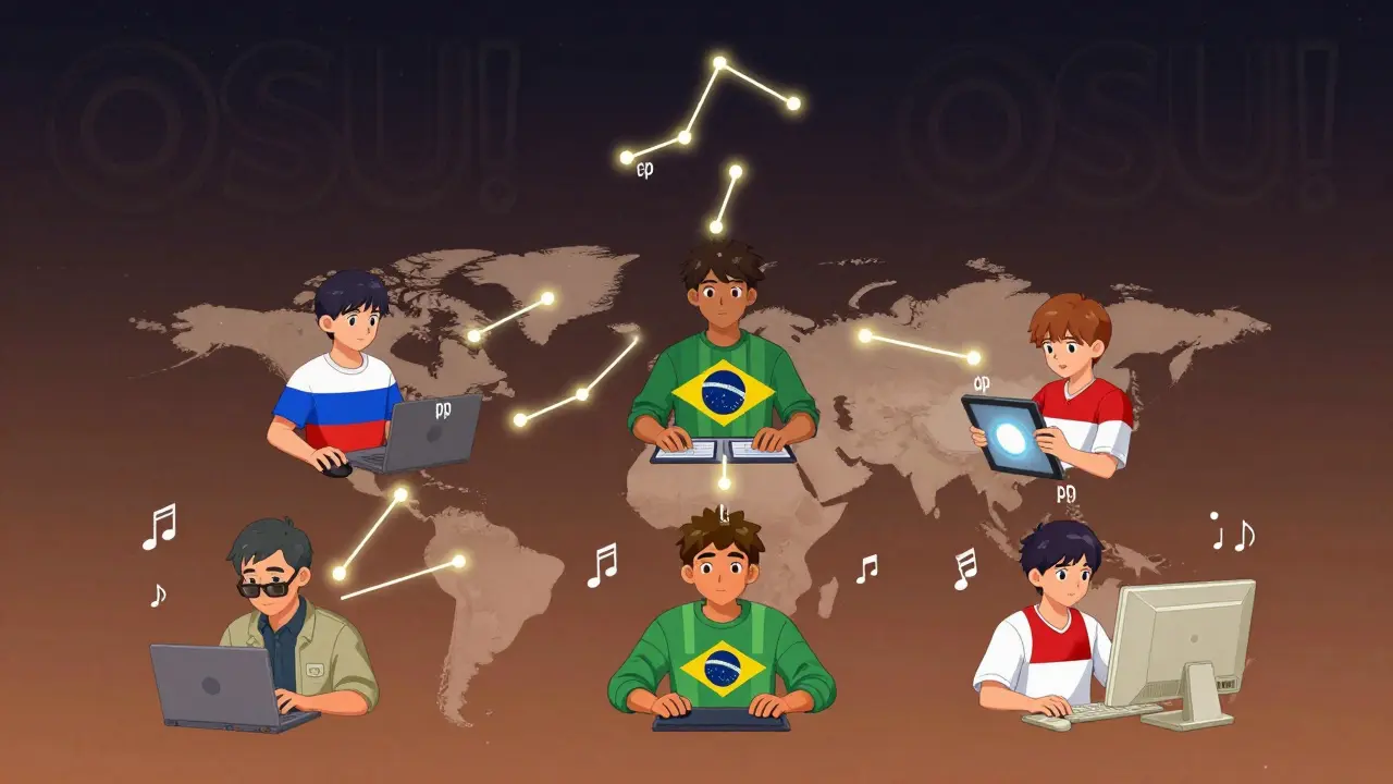 Игроки из разных стран играют в OSU! — их действия соединены светящимися линиями, символизирующими очки мастерства.