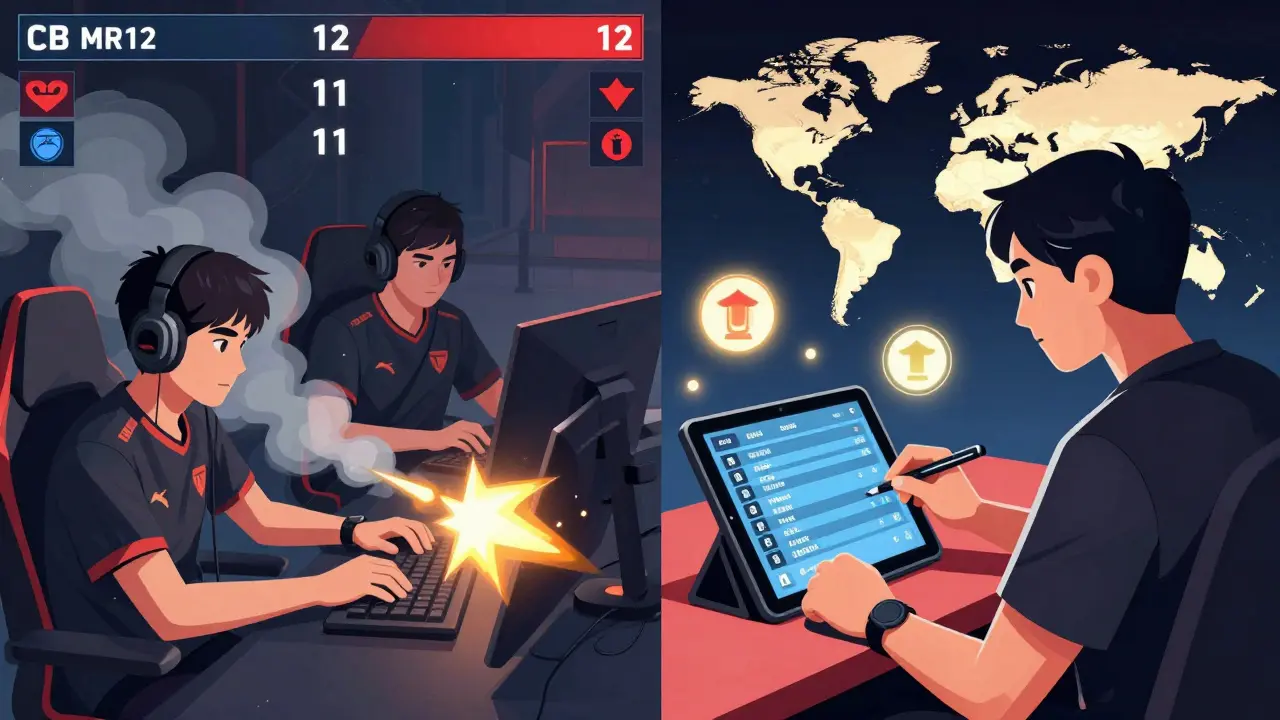 Игроки в CS2 на матче MR12 с счёт 12:11, тренер анализирует региональные рейтинги на планшете