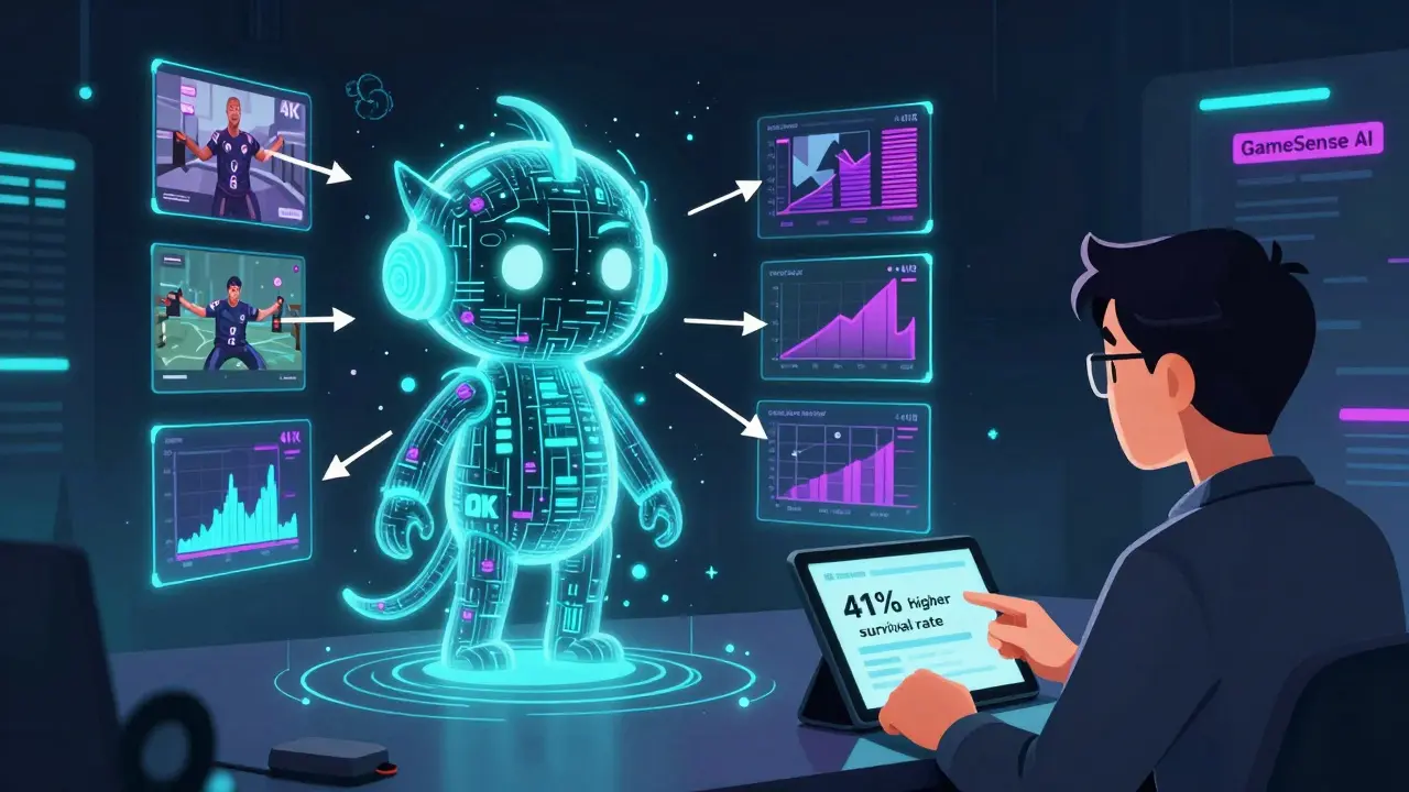 ИИ-аналитик в виде светящейся сущности анализирует движения игроков, предсказывая действия противников с высокой точностью.