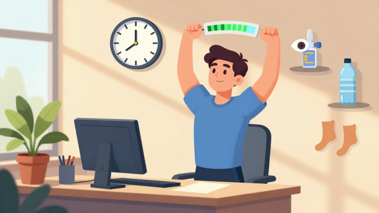Киберспортсмен делает перерыв: тянется к окну, рядом — часы, капли для глаз и значок восстановления энергии.