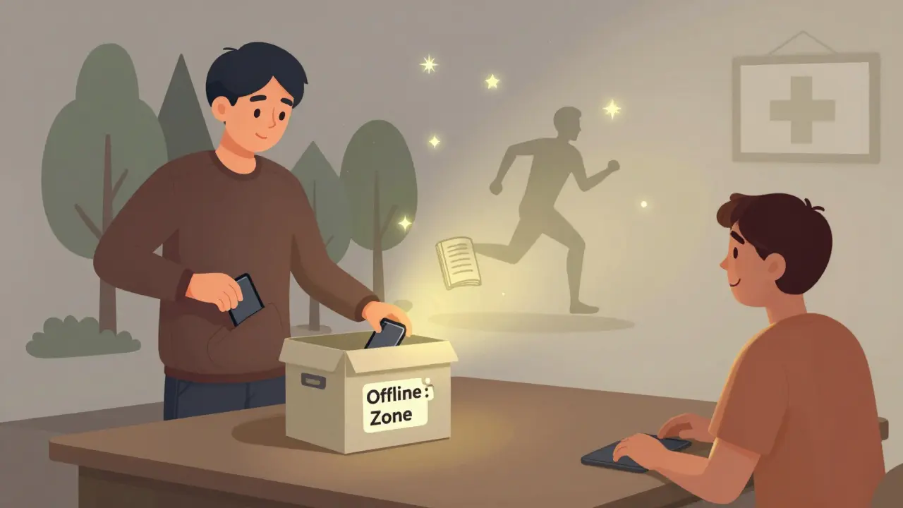 Киберспортсмен отключает телефон — вокруг него возникает природа, книга и друг, символизирующие восстановление.