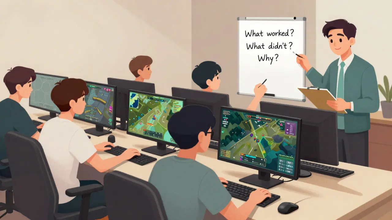 Киберспортсмены анализируют изменения после патча в командной тренировке с психологом.