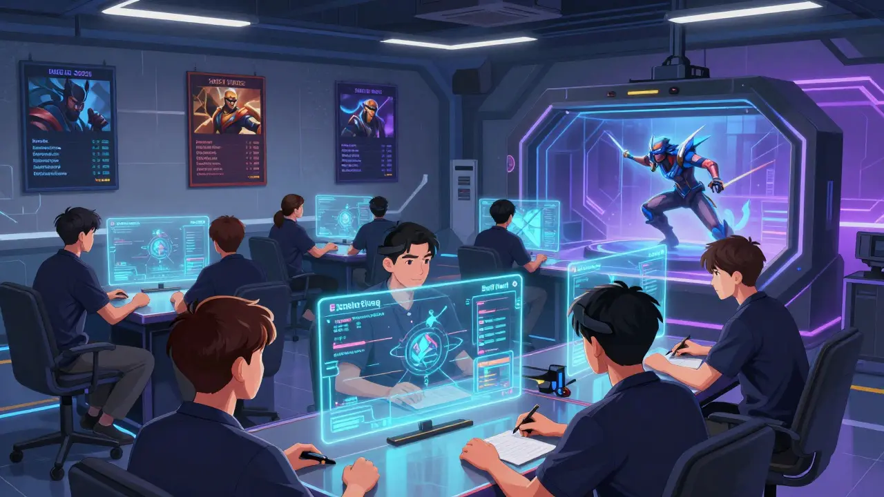 Киберспортсмены тренируются в центре OWCS, анализируя голографические модификаторы и статистику баланса.