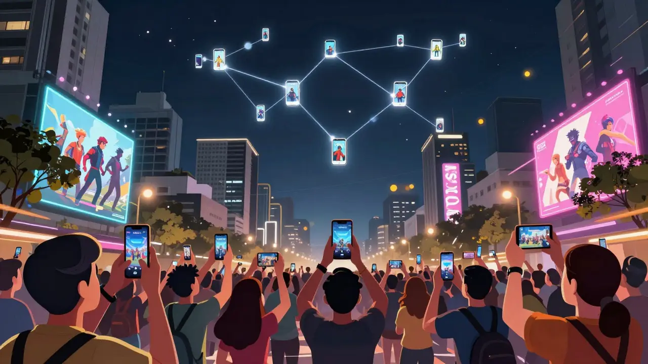 Люди в Бразилии смотрят турнир Free Fire на телефонах, их экраны создают светящуюся конфетти-галактику.