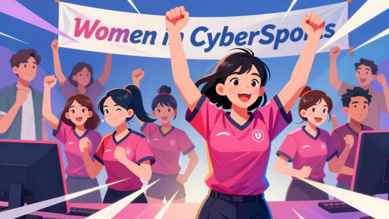 Молодая женщина-киберспортсменка празднует победу с командой на турнире.