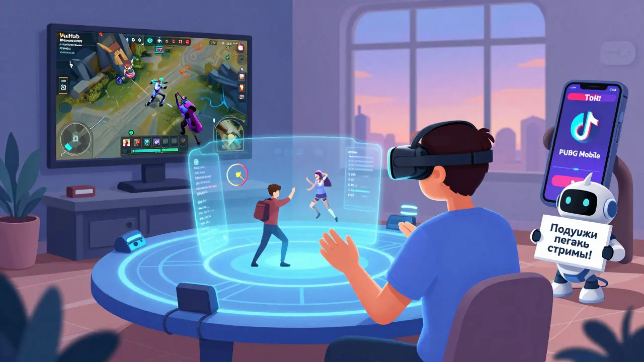 Пользователь в VR-очки смотрит турнир, рядом — RuHub и TikTok Live на телефоне.