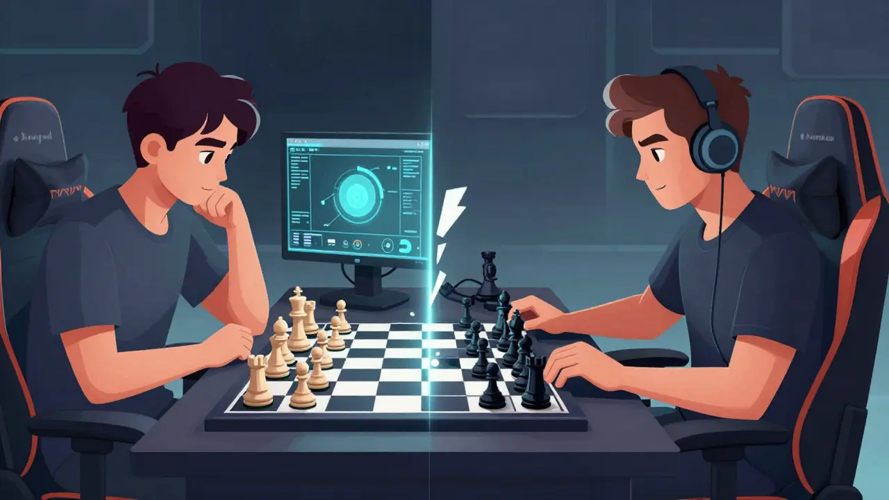 Разделенный кадр: шахматист и киберспортсмен в одном лице, стратегия перекликается с игрой.