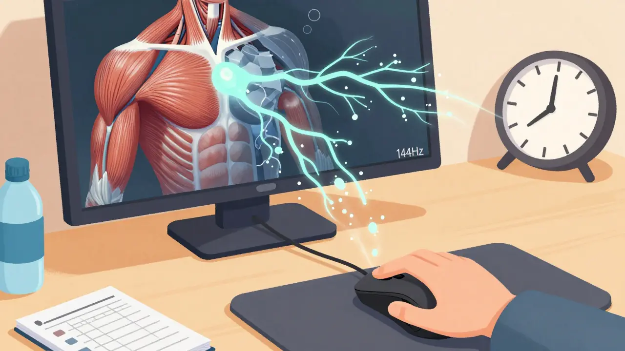 Рука с мышью, показывающая внутреннюю работу мышц и нейронов при формировании точного прицеливания.