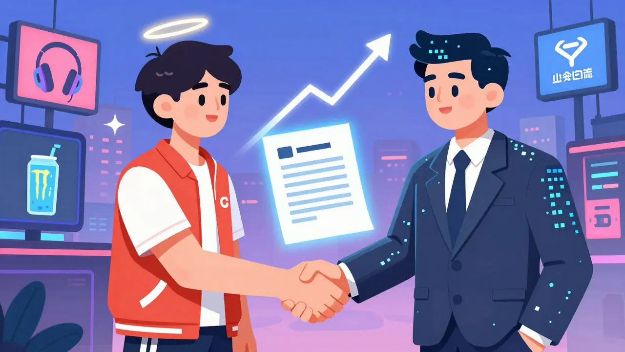 Рукопожатие игрока и корпоративного представителя над светящимся контрактом с цифровыми логотипами.