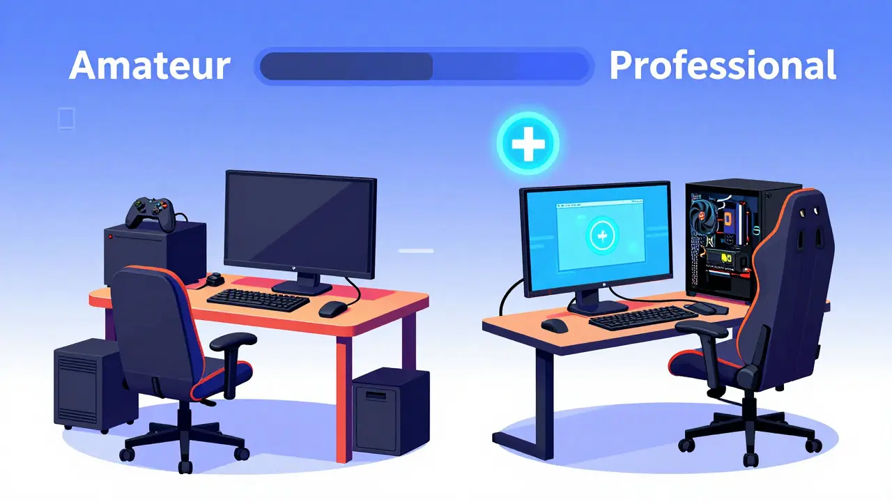 Сравнение двух игровых столов: дешевая консоль слева и профессиональный ПК-стенд справа с проводным интернетом и качественной периферией.