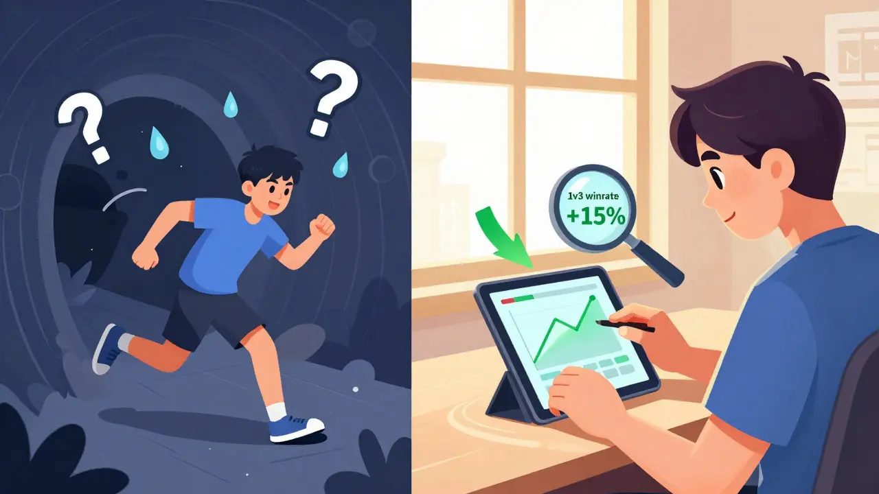 Сравнение хаотичной игры и анализа данных с зелёными стрелками прогресса.