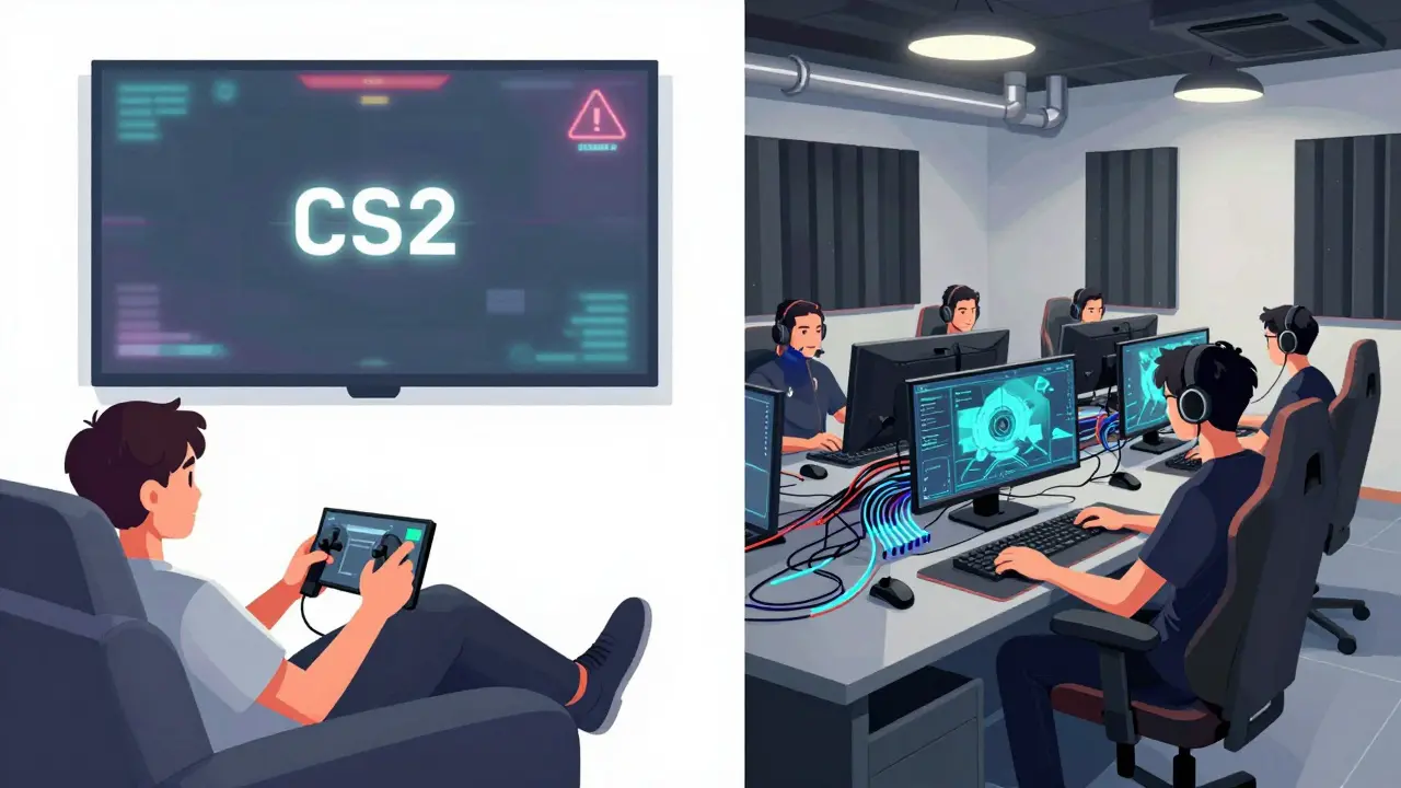 Сравнение: любитель играет в облаке с задержкой, а команда профессионалов — на высокотехнологичном оборудовании без задержек.