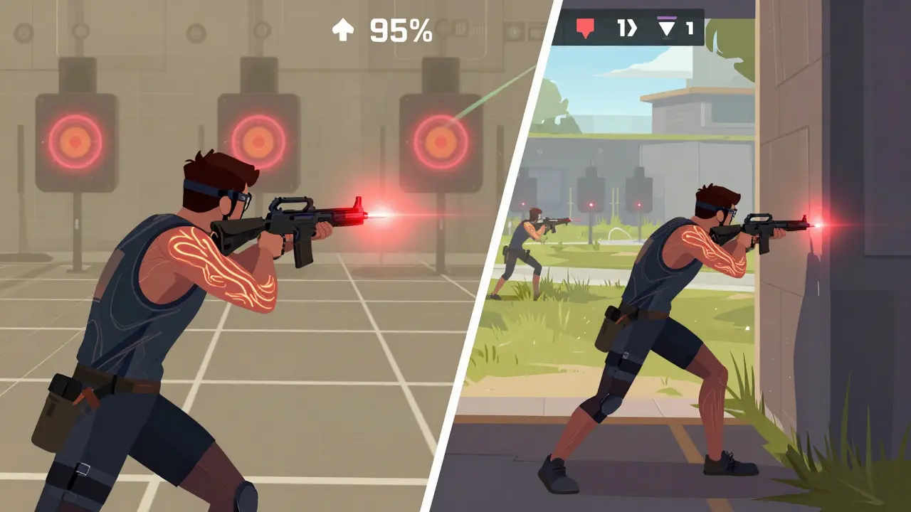 Сравнение тренировки в Aim Lab и реального матча в Valorant с подсвеченными попаданиями в голову.