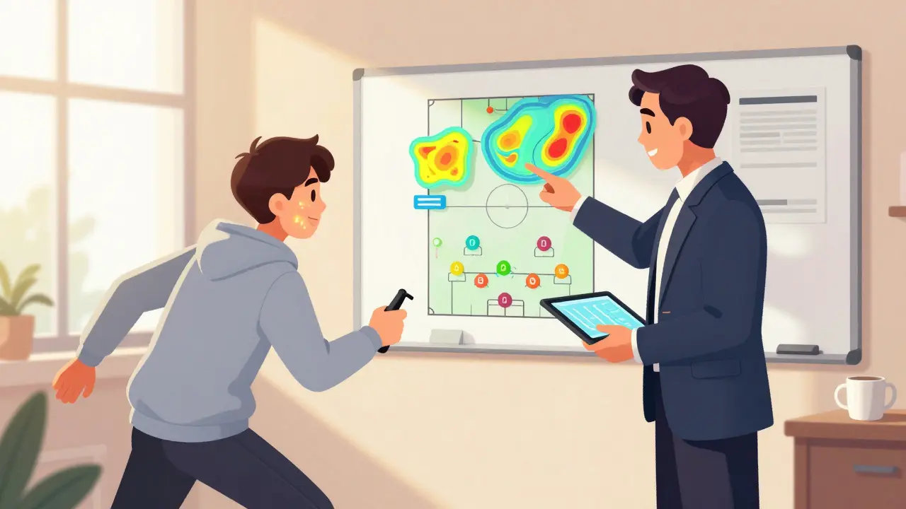 Юный игрок и опытный тренер анализируют стратегию на экране в тихом кабинете.