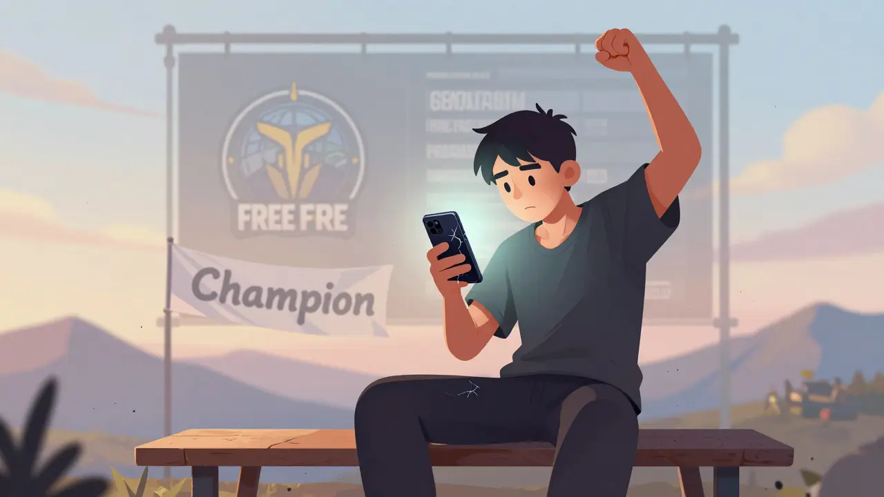 Юный игрок из Чечни побеждает в Free Fire на старом телефоне, за ним — плакат международного турнира.